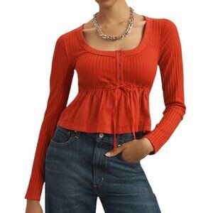 Anthropologie Pilcro Long-Sleeve Scoop-Neck Babydoll Top, Tie Front, Red, XS